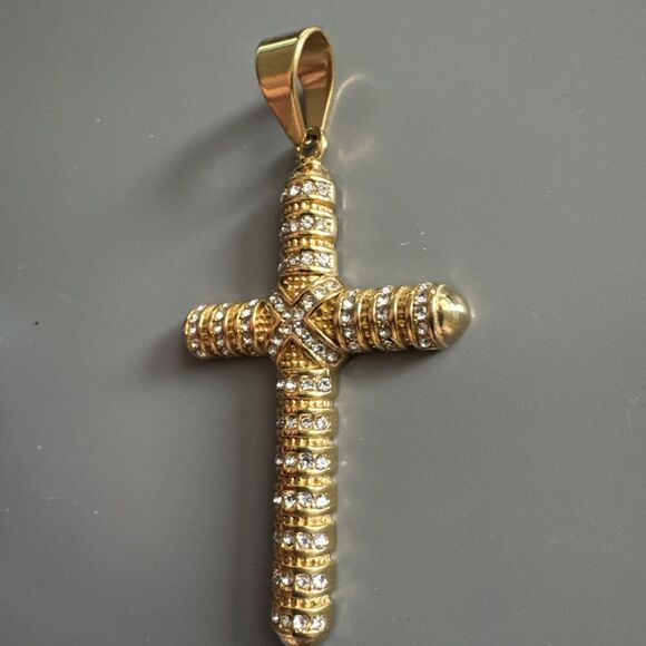 Cross Pendant Stainless Steel Cubic Zirconia 24” Chain Necklace Hip Hop Gold Men - Picture 2 of 6